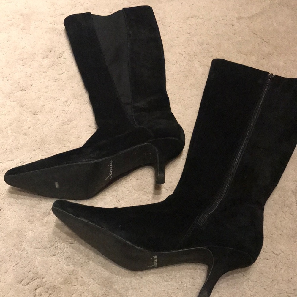 Black suede stretch zip up boots with 3 in heel
